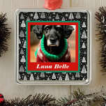 Pet Photo och Namn Framed med Black & White Träd Julgransprydnad Metall<br><div class="desc">Visa kärlek för din vän med håriget med den här personligens prydnadsföremål med ditt husfoto och namn. Fotot är kantat av rött och grönt och omgivet av vit och svart träd. Ditt husdjurs namn står i vitt mot det röda gräns. Se till att du byter ut fotot mot ditt eget...</div>