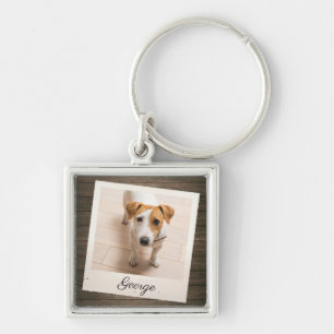 Pet Photo Ram Rustic Wood Personlig Fyrkantig Silverfärgad Nyckelring
