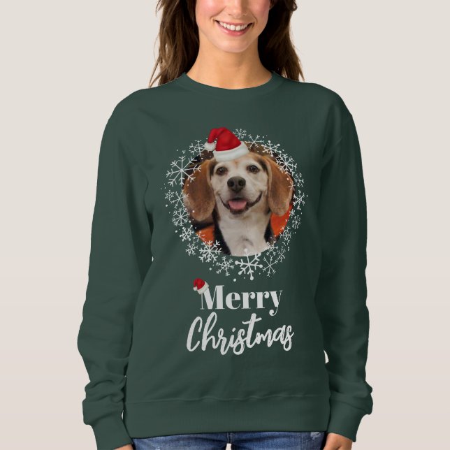 Pet Photo Red Santa Hat Mörk grönt jul T Shirt (Framsida)