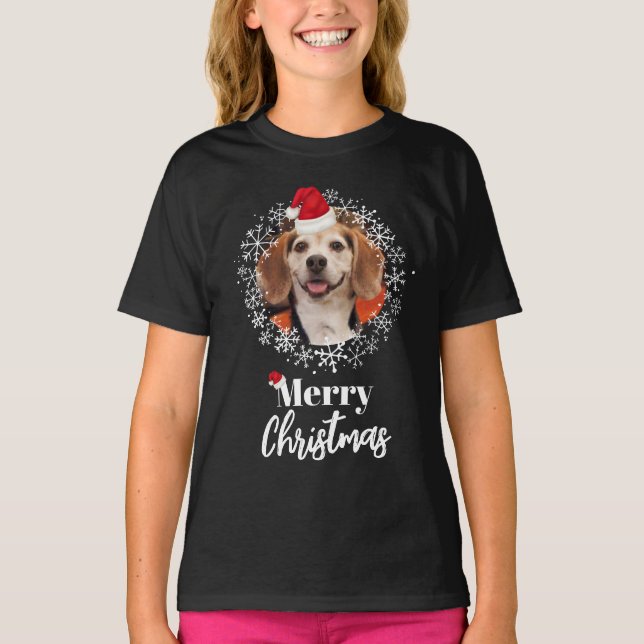 Pet Photo Red Santa Hat Snöflingor Mörk jul T Shirt (Framsida)