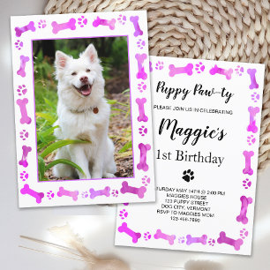 Pet Photo Rosa Tass avtryck Hund Birthday Inbjudningar