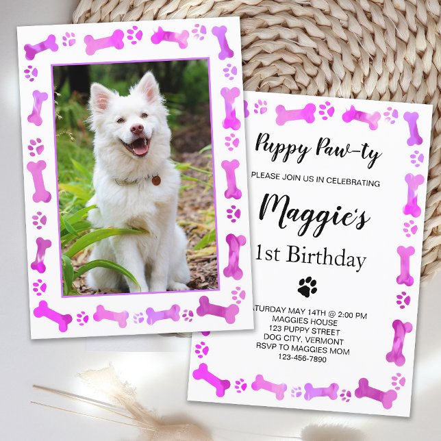 Pet Photo Rosa Tass avtryck Hund Birthday Inbjudningar (Skapare uppladdad)
