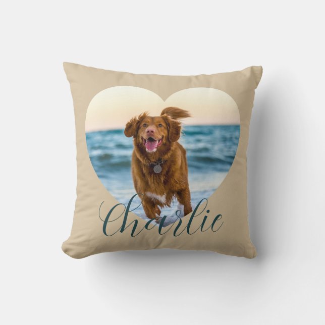 Pet Photo Script Beige Cute Heart Personalized Dog Kudde (Framsida)