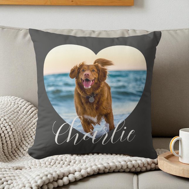 Pet Photo Script Gray Cute Heart Personalized Dog Kudde (Pet Photo Script Gray Cute Heart Personalized Dog Throw Pillow)