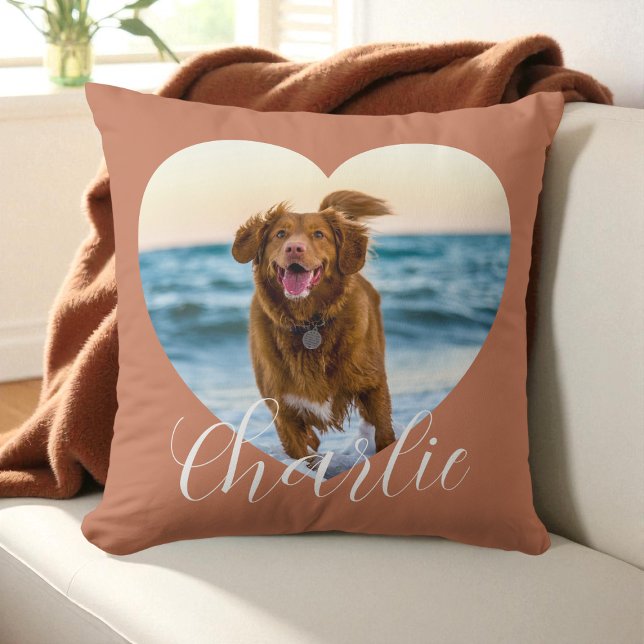 Pet Photo Script Terracotta Heart Personalized Dog Kudde (Pet Photo Script Terracotta Heart Personalized Dog Throw Pillow)