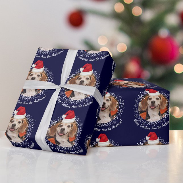 Pet Photo w Santa Hat Snöflingor Navy jul Presentpapper (Skapare uppladdad)