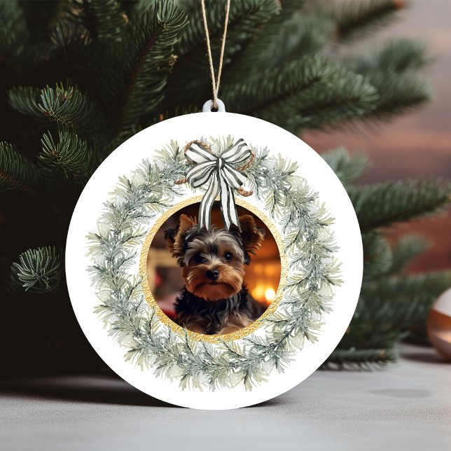 Pet Photo Wandeans Guld Ram Anpassningsbar Julgransprydnad Keramik (Wreath Gold Frame Custom Pet Photo Ceramic Ornament)