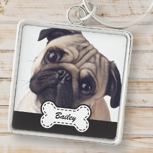 Pet Photos on Cute Hund Bone Add Namn Fyrkantig Silverfärgad Nyckelring