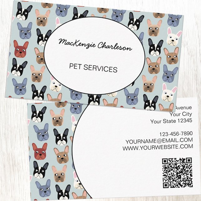 Pet Services-Fransken Bulldog QR-kod Visitkort (French Bulldog pet services QR Code business card for dog walker, pet sitter or veterinarian)