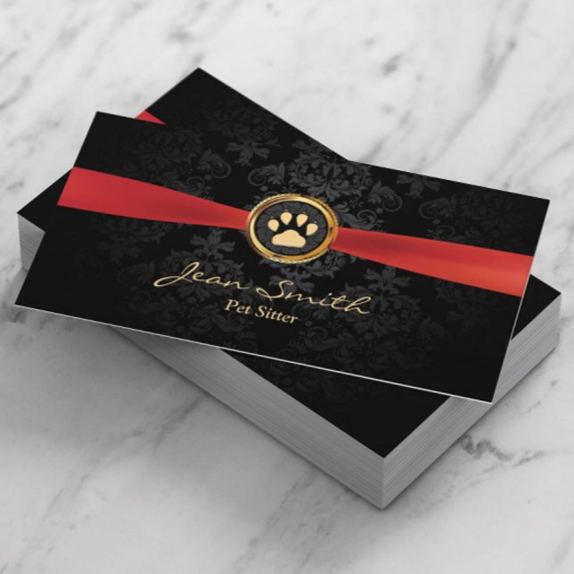 Pet Sitta Elegant Red Ribbon Guld Tass Damask Visitkort (Skapare uppladdad)