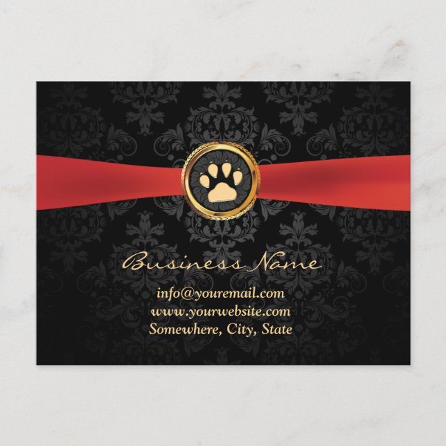 Pet Sitta Guld Tass och Red Ribbon Elegant Damask Vykort (Framsida)