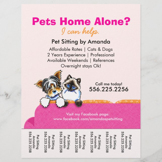 Pet Sitter Ad Yorkie Cat Couch Rosa Tear Lakan Reklamblad (Framsidan)