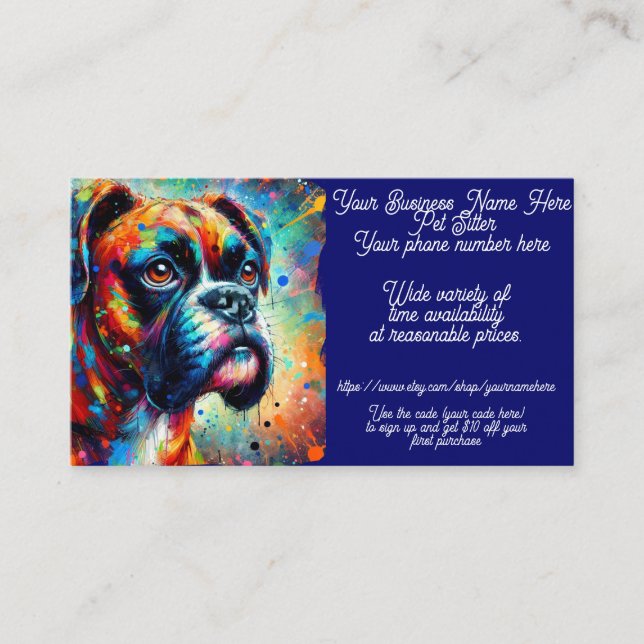 Pet Sitter Boxer Hund Pap Art Paint Splatter Blue Visitkort (Framsida)