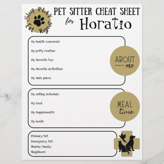 Pet Sitter Cheat Sheet Paper Sheet (Framsida)