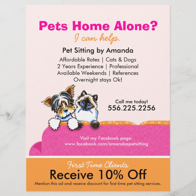 Pet Sitter Coupon Ad Yorkie Cat Couch Rosa Reklamblad (Framsidan)