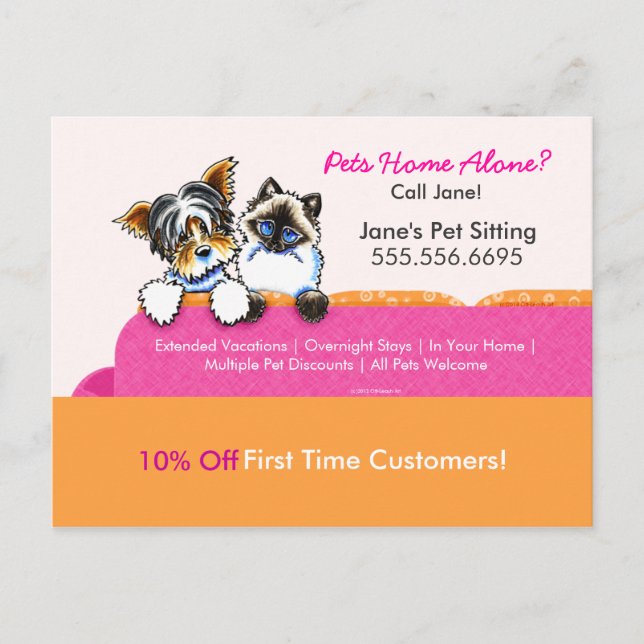 Pet Sitter Coupon Mailer Ad Yorkie Cat Couch Rosa Vykort (Framsida)