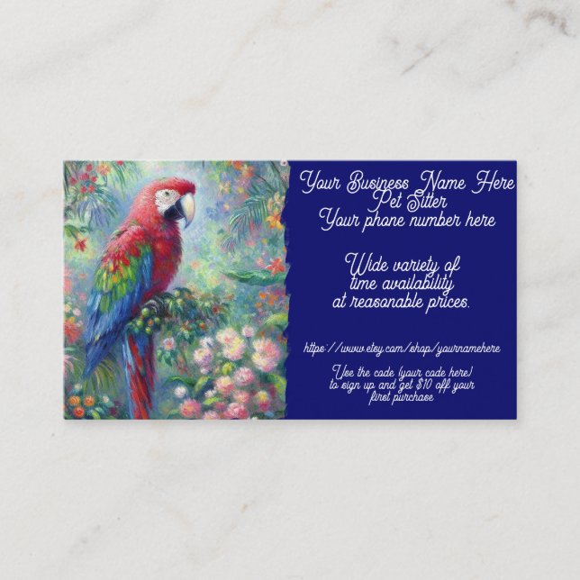 Pet Sitter Parrot Bird Jungle Flowers Blommigt Blu Visitkort (Framsida)