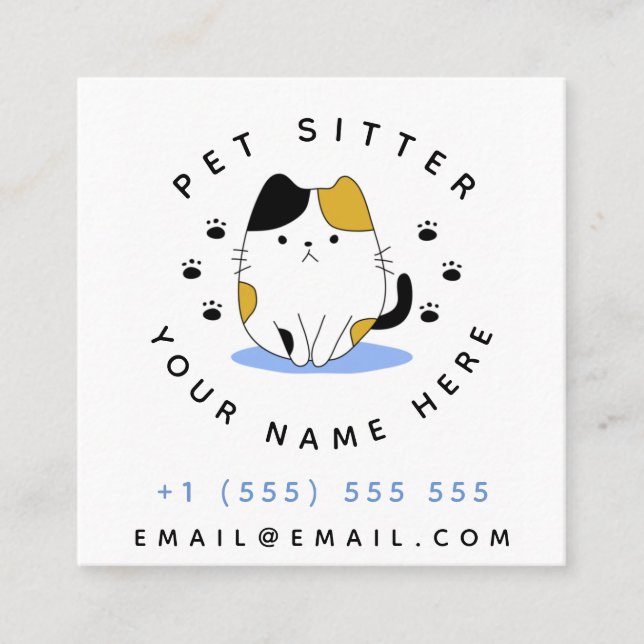 Pet Sitter Walker Cute Adsible Cat Animal Hotel Fyrkantigt Visitkort (Framsida)