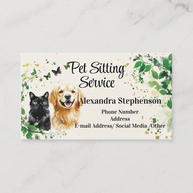 Pet Sitting Service Watercolor Butterfly Dog Cat Visitkort (Framsida)