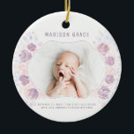 Petal Flicka Birth Anpassningsbar Alnouncement Pho Julgransprydnad Keramik<br><div class="desc">Petal Flicka Birth Notification Anpassningsbar Foto med hand plockade finare kurvformad ram, pastellskuggor av rosa och mauve lila vattenfärblommor och petaler. Ett bra sätt att visa upp den nyaste medlemmen i familjen! Byt bara ut bilden mot ditt eget foto och ändra fälten. Färgämnen för ljus och roligt. Kolla min butik...</div>