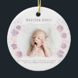 Petal Flicka Birth Anpassningsbar Alnouncement Pho Julgransprydnad Keramik<br><div class="desc">Petal Flicka Birth Notification Anpassningsbar Foto med hand plockade finare kurvformad ram, pastellskuggor av rosa och mauve lila vattenfärblommor och petaler. Ett bra sätt att visa upp den nyaste medlemmen i familjen! Byt bara ut bilden mot ditt eget foto och ändra fälten. Färgämnen för ljus och roligt. Kolla min butik...</div>