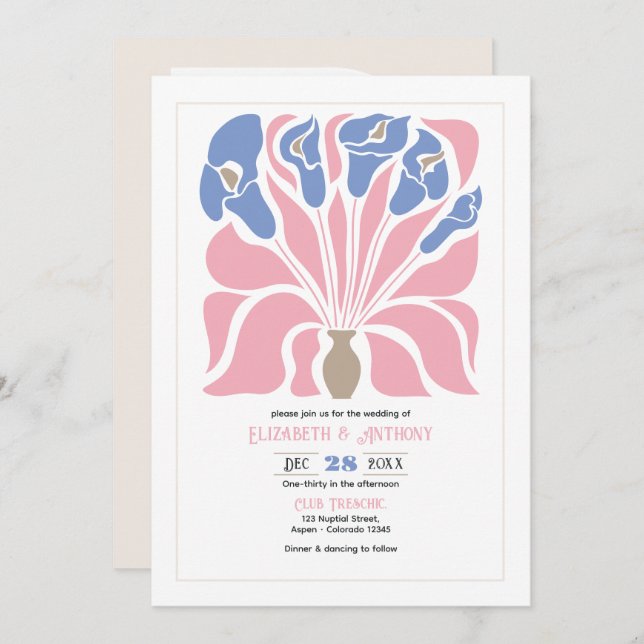 Petal Pink/Cornflower Abstract Floral Boho Wedding Inbjudningar (Fram/baksida)