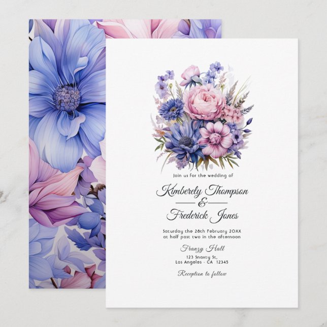Petal Rosa, Cornblomma Blue & Mauve Lila Bröllop Inbjudningar (Fram/baksida)