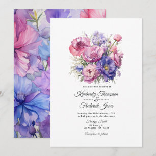 Petal Rosa, Cornblomma Blue & Mauve Lila Bröllop Inbjudningar