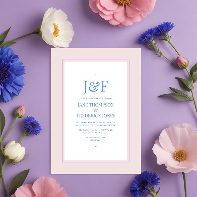 Petal Rosa, Cornblomma Blue & Mauve Lila Bröllop Inbjudningar (Petal Pink, Cornflower Blue and Mauve Purple Wedding Invitation)