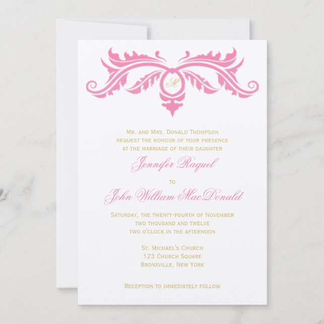 Petal Rosa och Guld Rulla på Ivory Felt Papper Inbjudningar (Framsida)
