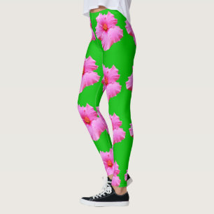 "Petal Serenity: Rosa Hibiscus på en Grönt Canvas Leggings