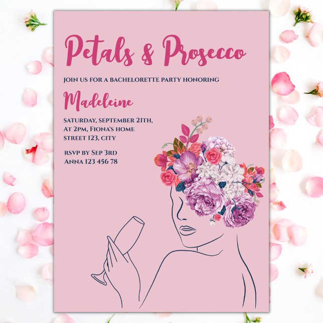 Petaler och Prosecco Blommigt Wandedräkt Bachelore Inbjudningar (petals and prosecco bachelorette party invitation floral wreath pink purple)