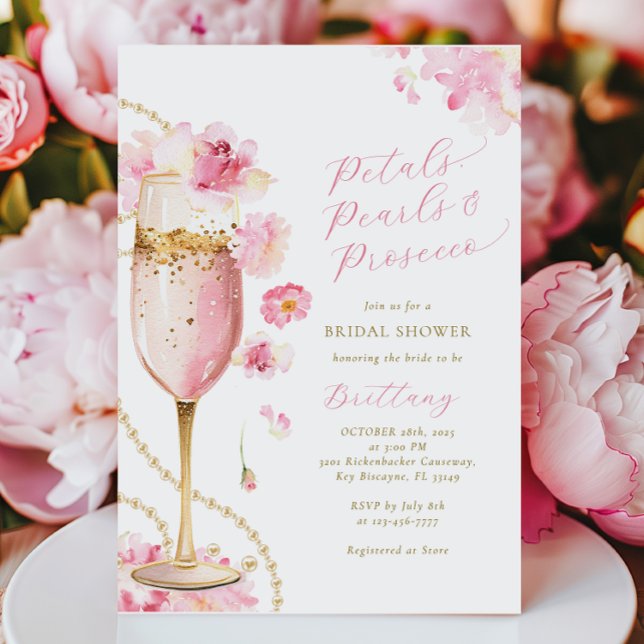 Petaler, pärlor och Prosecco Inbjudningskort för m (Skapare uppladdad)