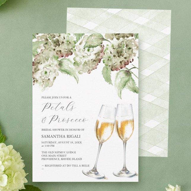 Petals and Prosecco Bridal Shower Invite Hydrangea Inbjudningar (Petals and prosecco bridal shower invitations designed with hand painted watercolor hydrangea art )