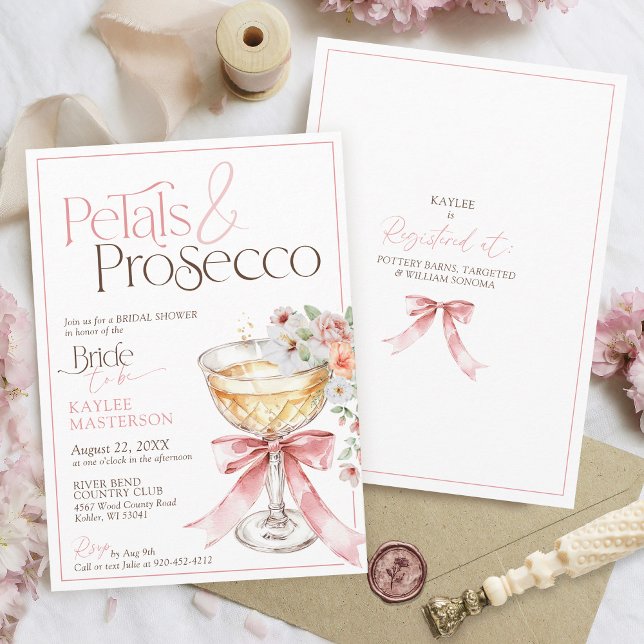 Petals and Prosecco Floral Champagne Bridal Shower Inbjudningar (Petals and Prosecco pink watercolor coquette elegant floral champagne coupe bridal shower invitation)