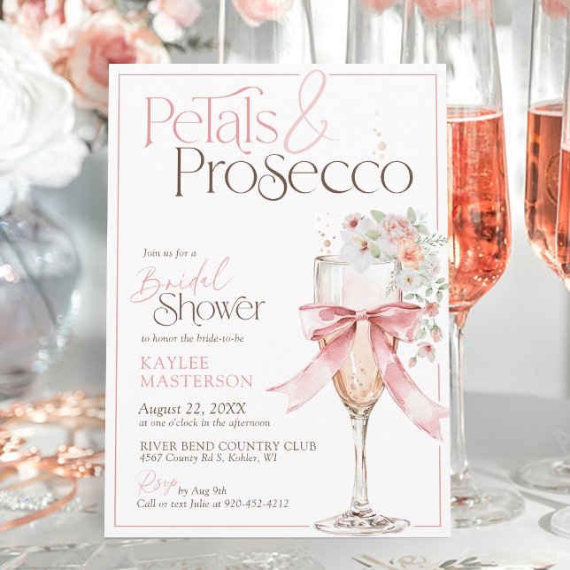 Petals and Prosecco Pink Floral Bridal Shower Inbjudningar (Petals and Prosecco Watercolor floral champagne pink coquette bow elegant bridal shower invitation)