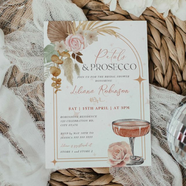 Petals och Prosecco Boho Inbjudningskort för möhip (Skapare uppladdad)