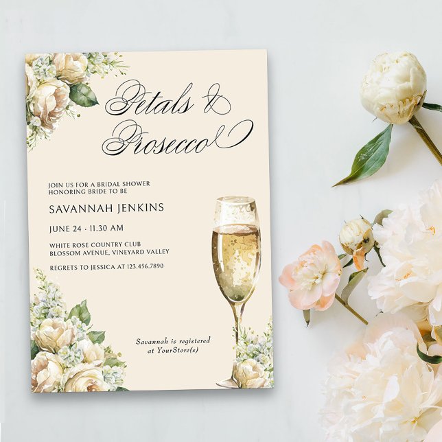 Petals och Prosecco Cream Ro Möhippa Inbjudningar (Petals & Prosecco Floral Bridal Shower invitation on cream)
