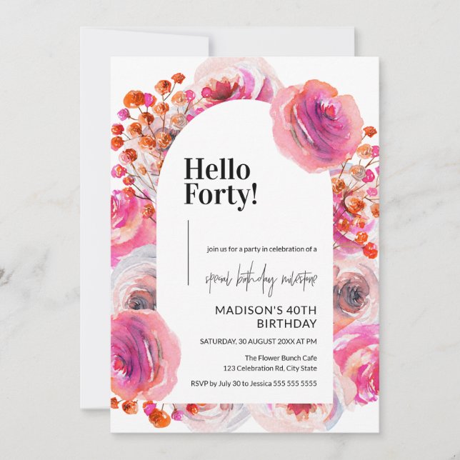 Petals och Prosecco | Elegant 40:e födelsedagen Inbjudningar (Framsida)