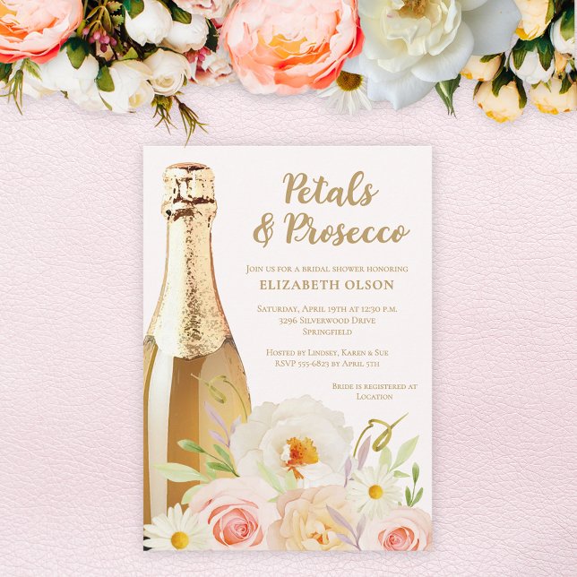 Petals och Prosecco Garden Blommigt Möhippa Inbjudningar (Petals and Prosecco blush garden flowers bridal shower invitations, INSTANT DOWNLOAD and/or PRINTED)