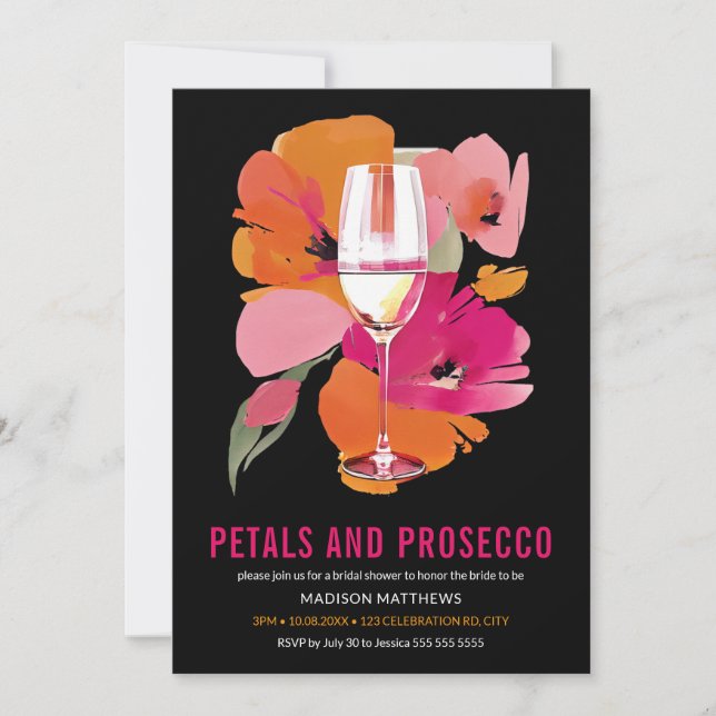 Petals och Prosecco Möhippa Black Inbjudningar (Framsida)