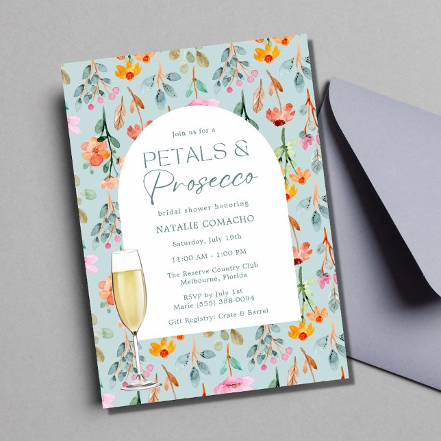 Petals och Prosecco Möhippa Party Inbjudningar (Petals and Prosecco Bridal Shower Party Invitation)