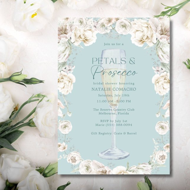 Petals och Prosecco Möhippa Party Inbjudningar (Petals and Prosecco Bridal Shower Party Invitation)