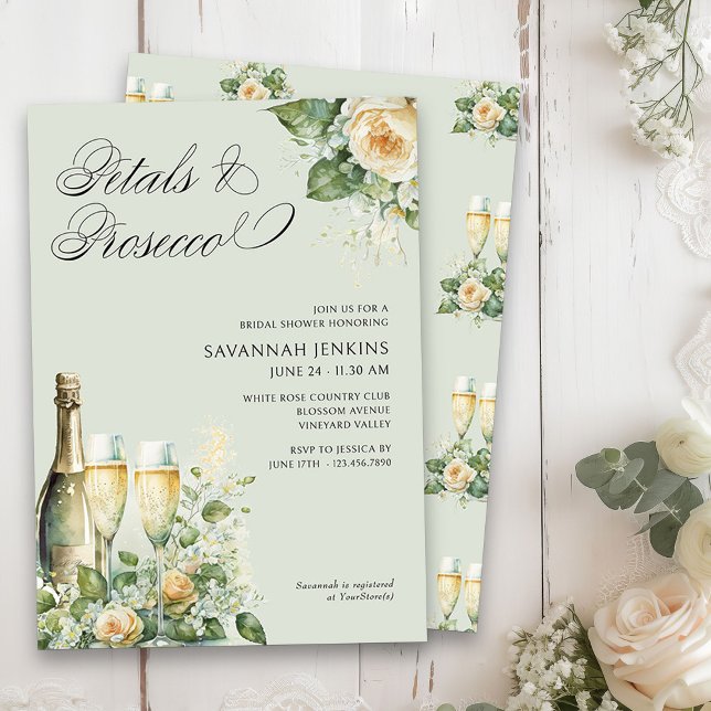 Petals och Prosecco Peach Ro Möhippa Inbjudningar (Petals & Prosecco Floral Bridal Shower invitation on sage green)