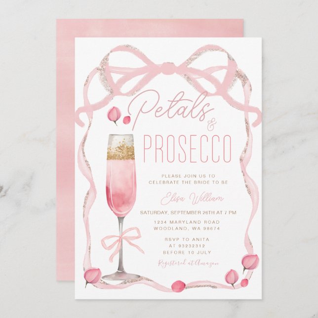 Petals och Prosecco Rosa Bow Möhippa Inbjudningar (Fram/baksida)