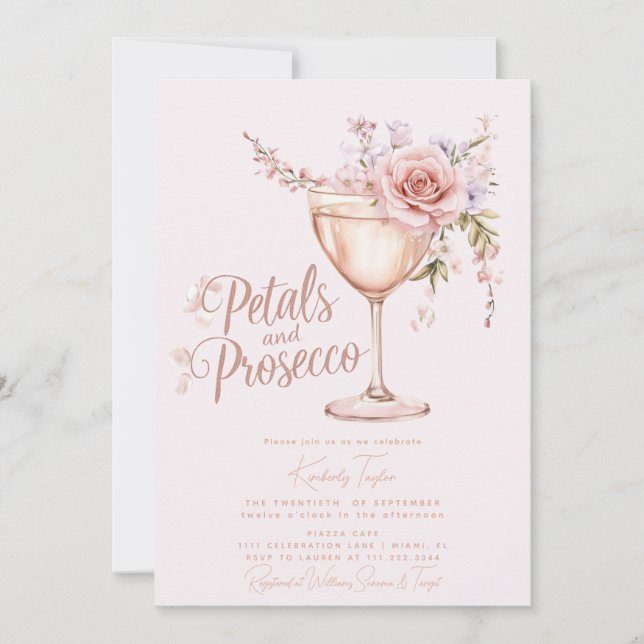 Petals och Prosecco Rosa ros Möhippa Inbjudningar (Framsida)