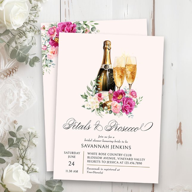 Petals och Proseccos Rosa Peony Möhippa Inbjudningar (Petals & Prosecco Floral Bridal Shower invitation on blush pink)