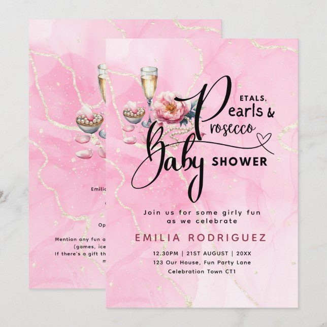 Petals Pearls Prosecco Baby Shower Inbjudningar (Fram/baksida)