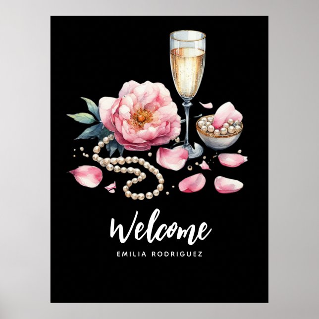 Petals Pearls Prosecco Favors Välkomsttecken Poster (Framsidan)