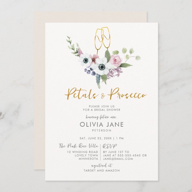 Petals Prosecco Anemones Guld Bubly Möhippa Inbjudningar (Fram/baksida)